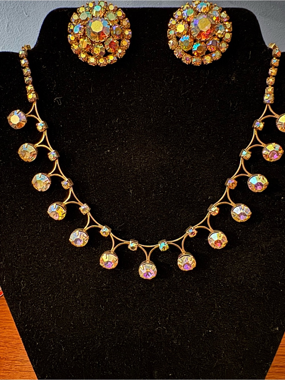 Vintage Aurora Borealis Rhinestone Necklace & Earrings Set - Hollywood Regency